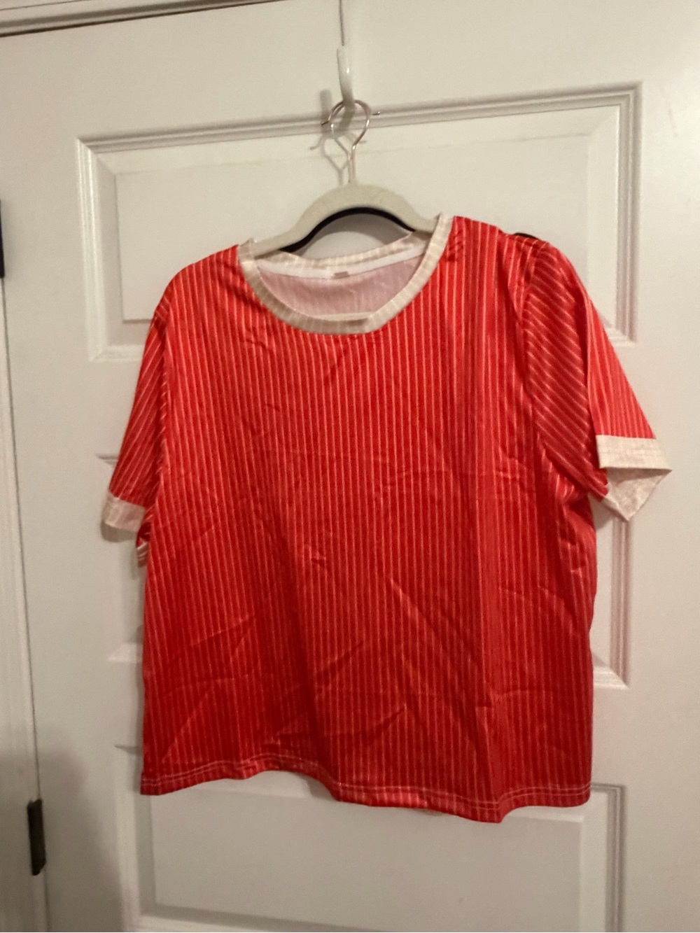 Red Striped Short Sleeve Top with Cream Trim